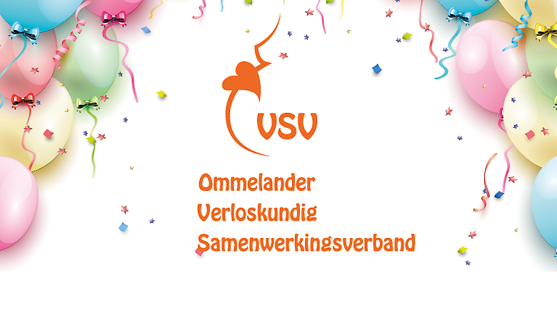  Het logo van VSV is zichtbaar, met onderstaande tekst: Ommelander Verloskunig Samenwerkingsverband. Deze tekst is omringd door ballonnen en feestelijke linten. 