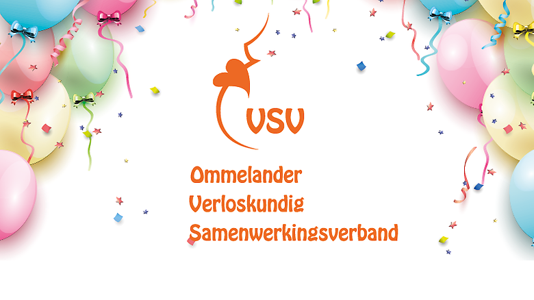 Het logo van VSV is zichtbaar, met onderstaande tekst: Ommelander Verloskunig Samenwerkingsverband. Deze tekst is omringd door ballonnen en feestelijke linten.